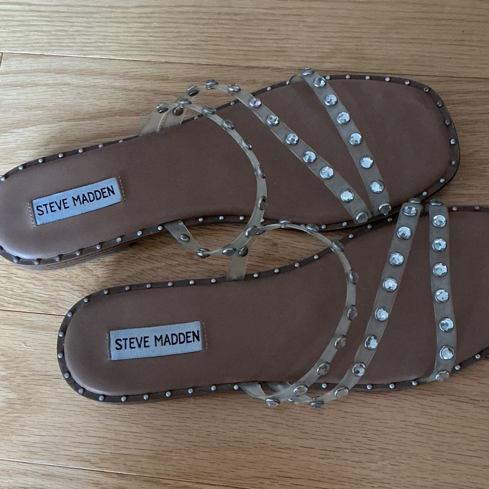 Steve Madden Tan Sandals with Clear Embellished Straps